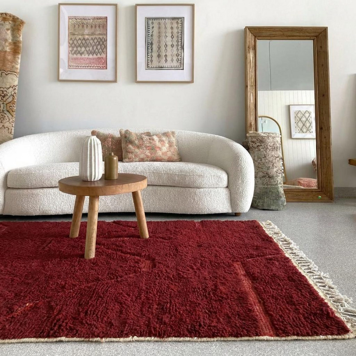 Custom Beni Ourain Rug | Deep Crimson with Abstract Line Art