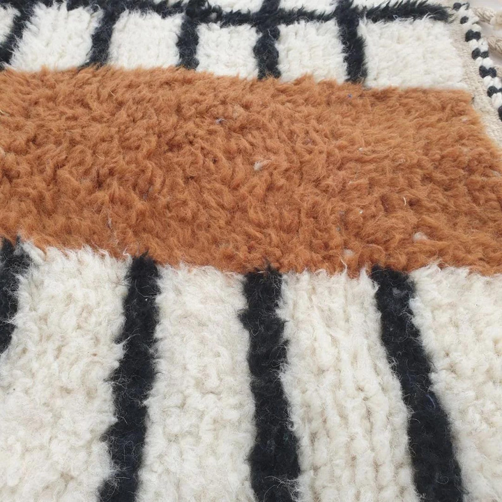 Custom Beni Ourain Rug | Modern Black Grid with Rust Orange Stripe
