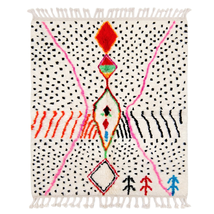 Tapis Azilal Authentique et Personnalisé – Toile Pointillée Ludique et Centre Diamant Vibrant