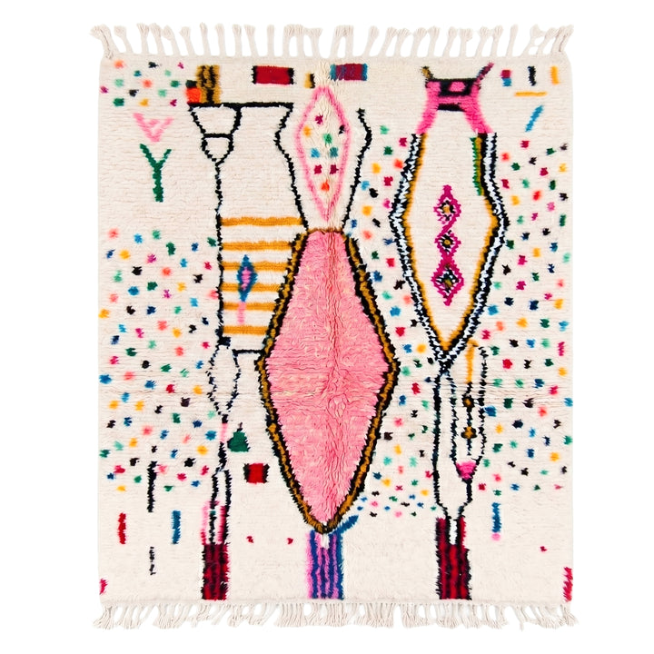 Custom Authentic Azilal Rug – Abstract Tribal Confetti &amp; Pink Lozenge Centerpiece